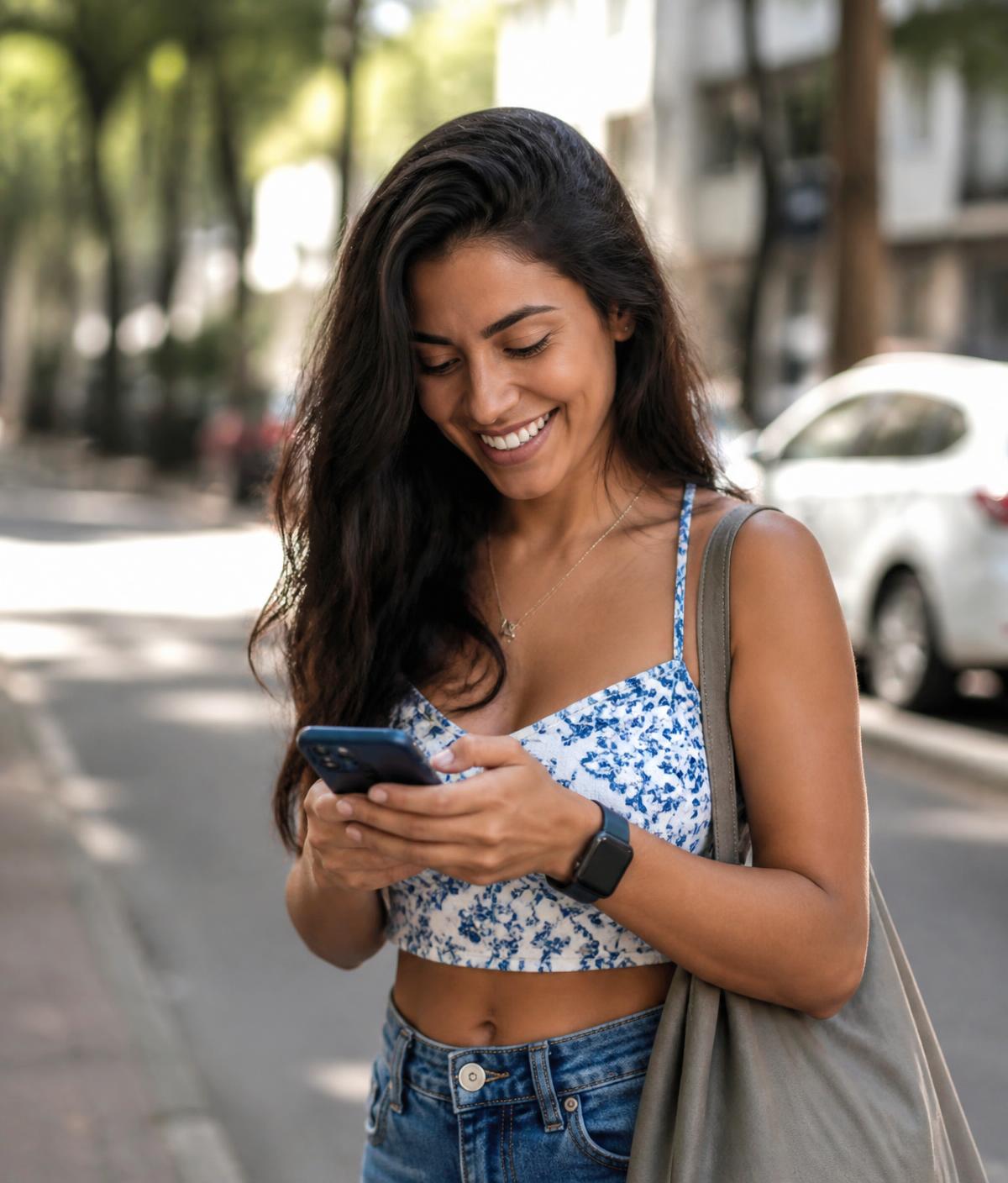 Mulher sorrindo ao ver o salário creditado no celular