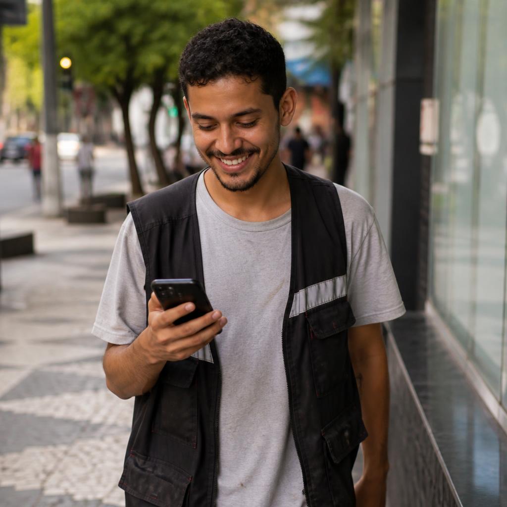 Trabalhador sorrindo ao conferir o salário no celular na rua