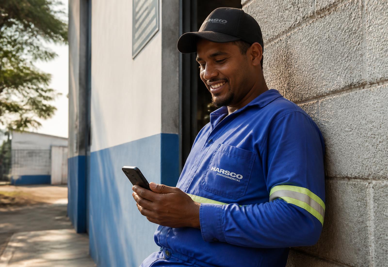 Trabalhador conferindo o salário no celular durante o intervalo